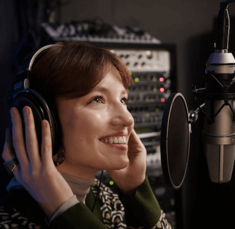 A Women Smiling While Recording Her Voice